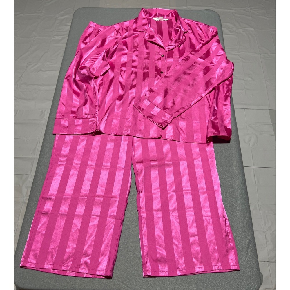 Lilac + London Womens XL Hot Pink Striped Satin Pajama Set Long Sleeve Wide Leg